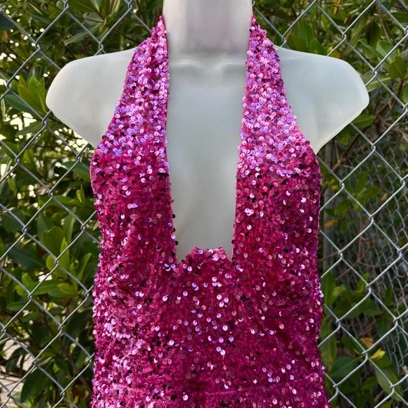 Fashion Nova Pink Sequin Corset Mini Dress Size M 8 Halter Velvet Stretch Party - Picture 6 of 16